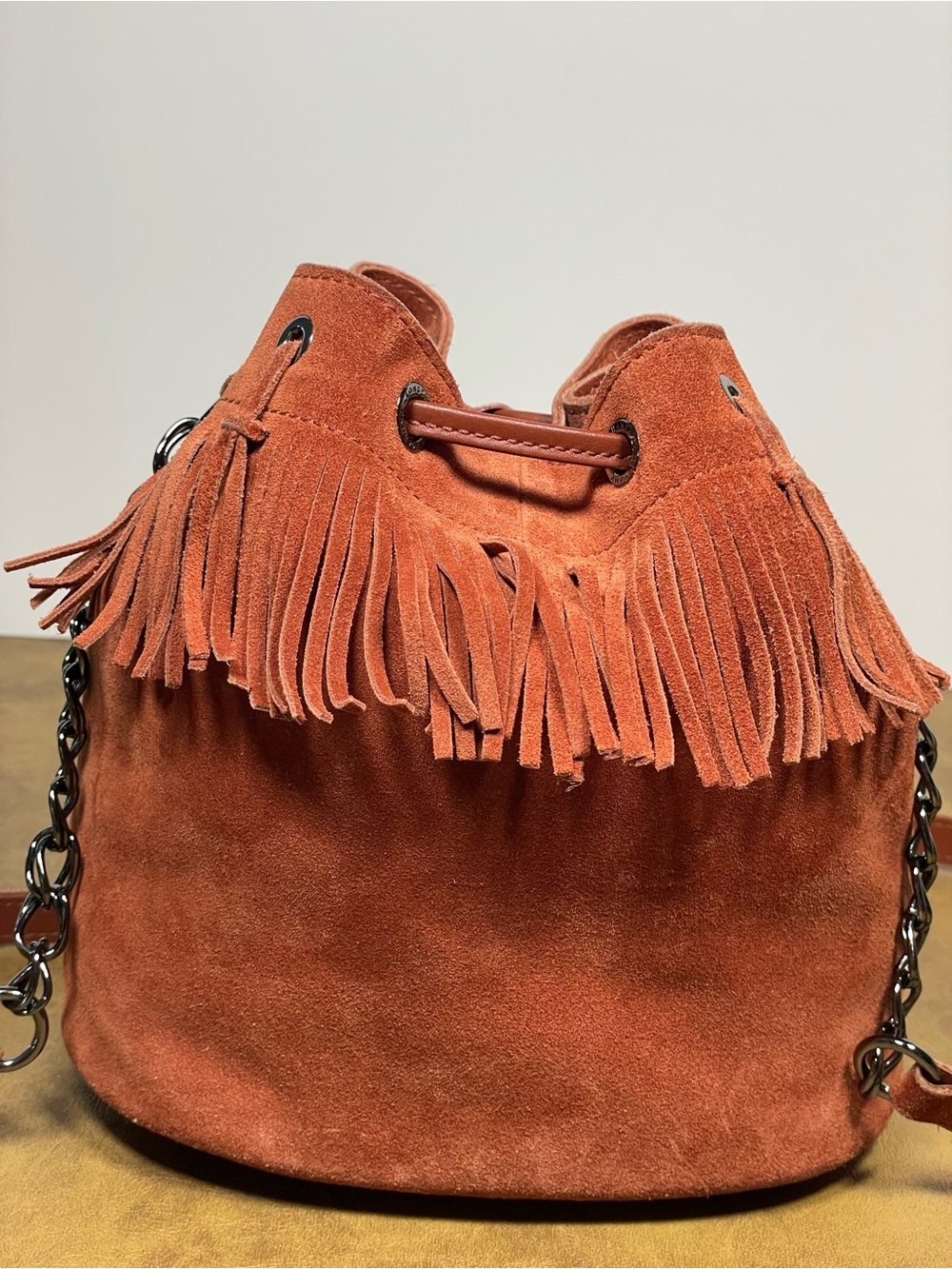 Longchamp Paris Rocks Velours Suede Fringe Bucket Crossbody Rust - Picture 3 of 13